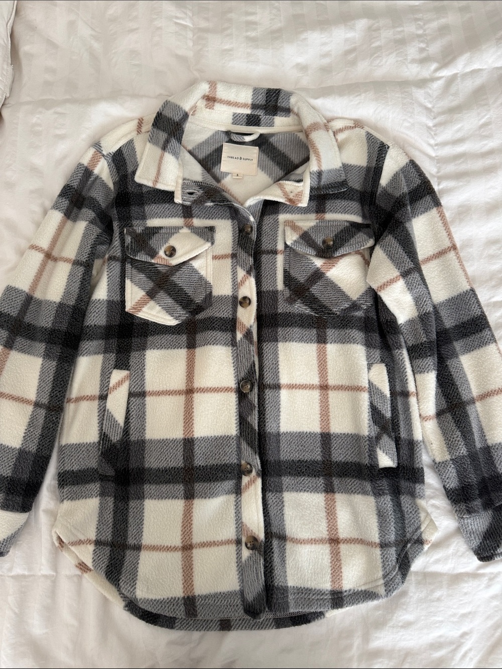 Thread & Supply Plaid Fleece Shacket in Cream, Gray & Brown